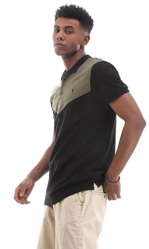 94980 Chic Bi-Tone Turn Down Collar Black & Olive Polo Shirt