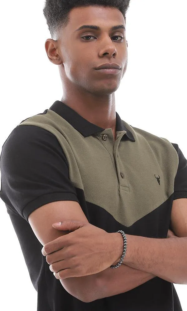 94980 Chic Bi-Tone Turn Down Collar Black & Olive Polo Shirt