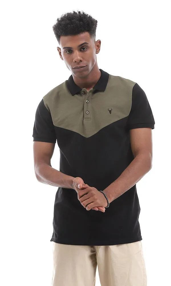 94980 Chic Bi-Tone Turn Down Collar Black & Olive Polo Shirt