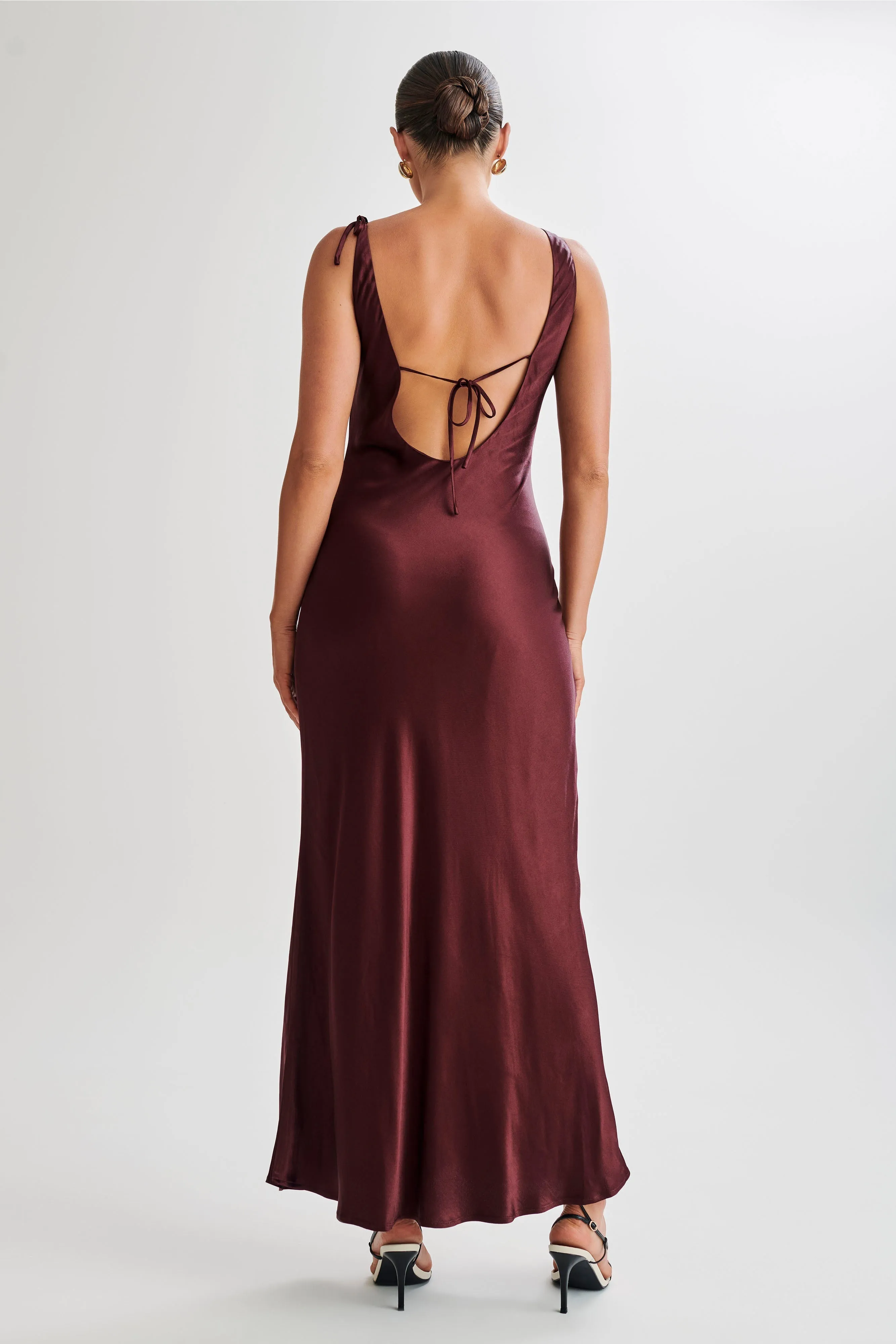 Annalise Satin Maxi Dress With Tie - Plum