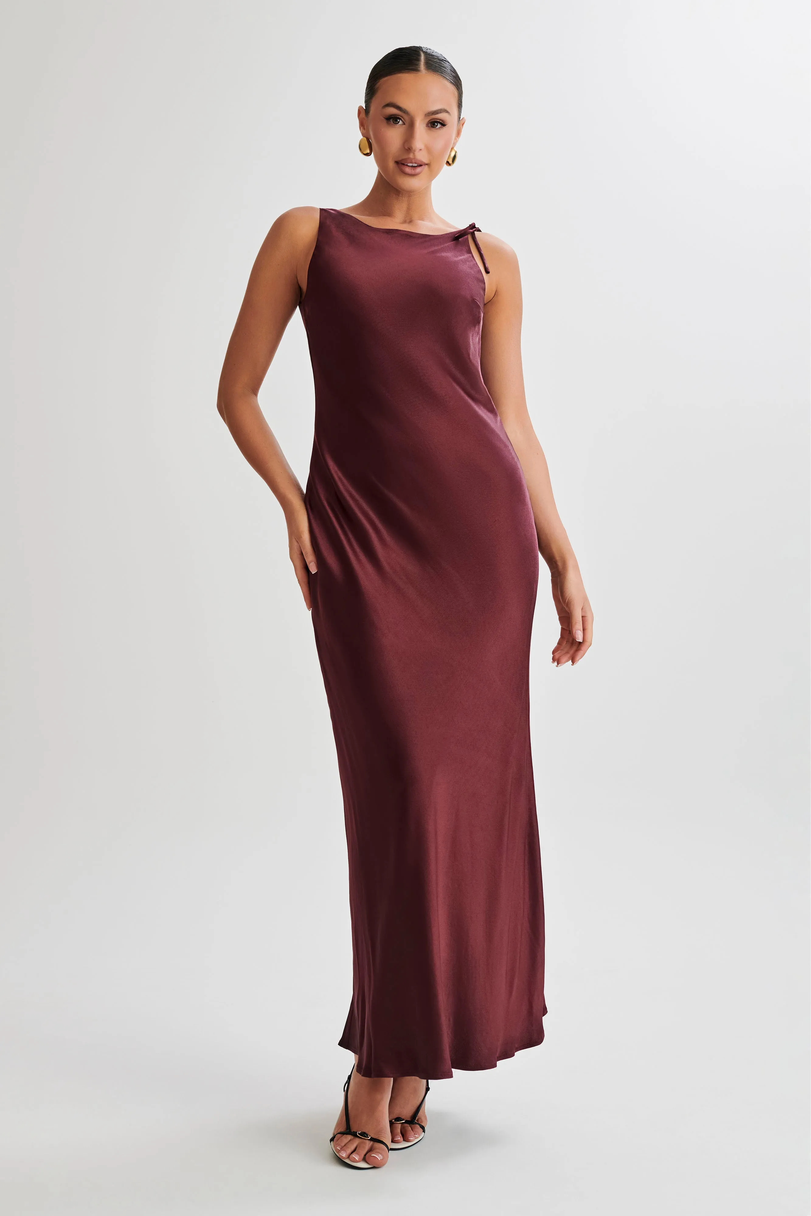 Annalise Satin Maxi Dress With Tie - Plum