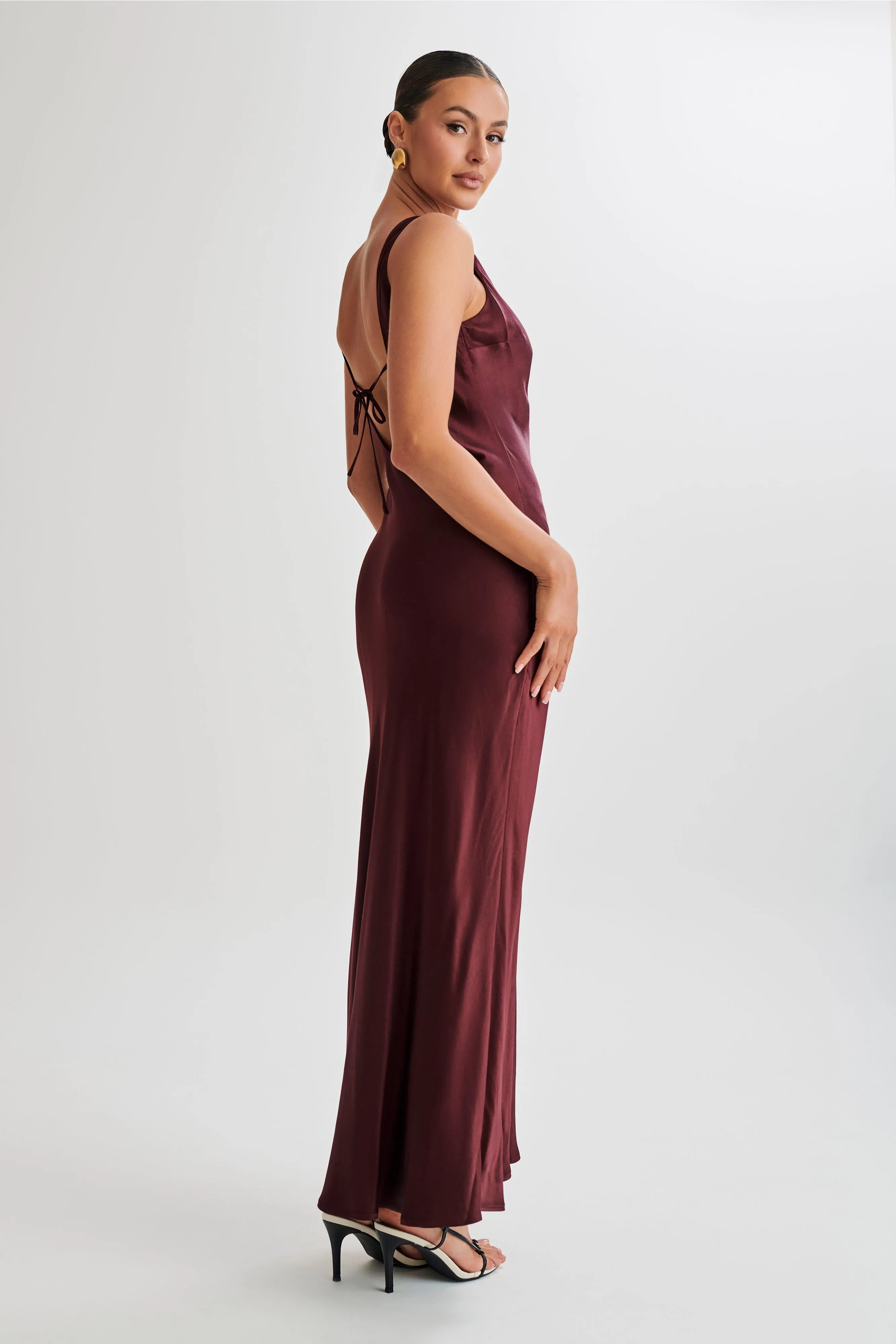 Annalise Satin Maxi Dress With Tie - Plum