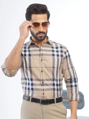 Beige Checked Slim Fit Formal Shirt | Metal