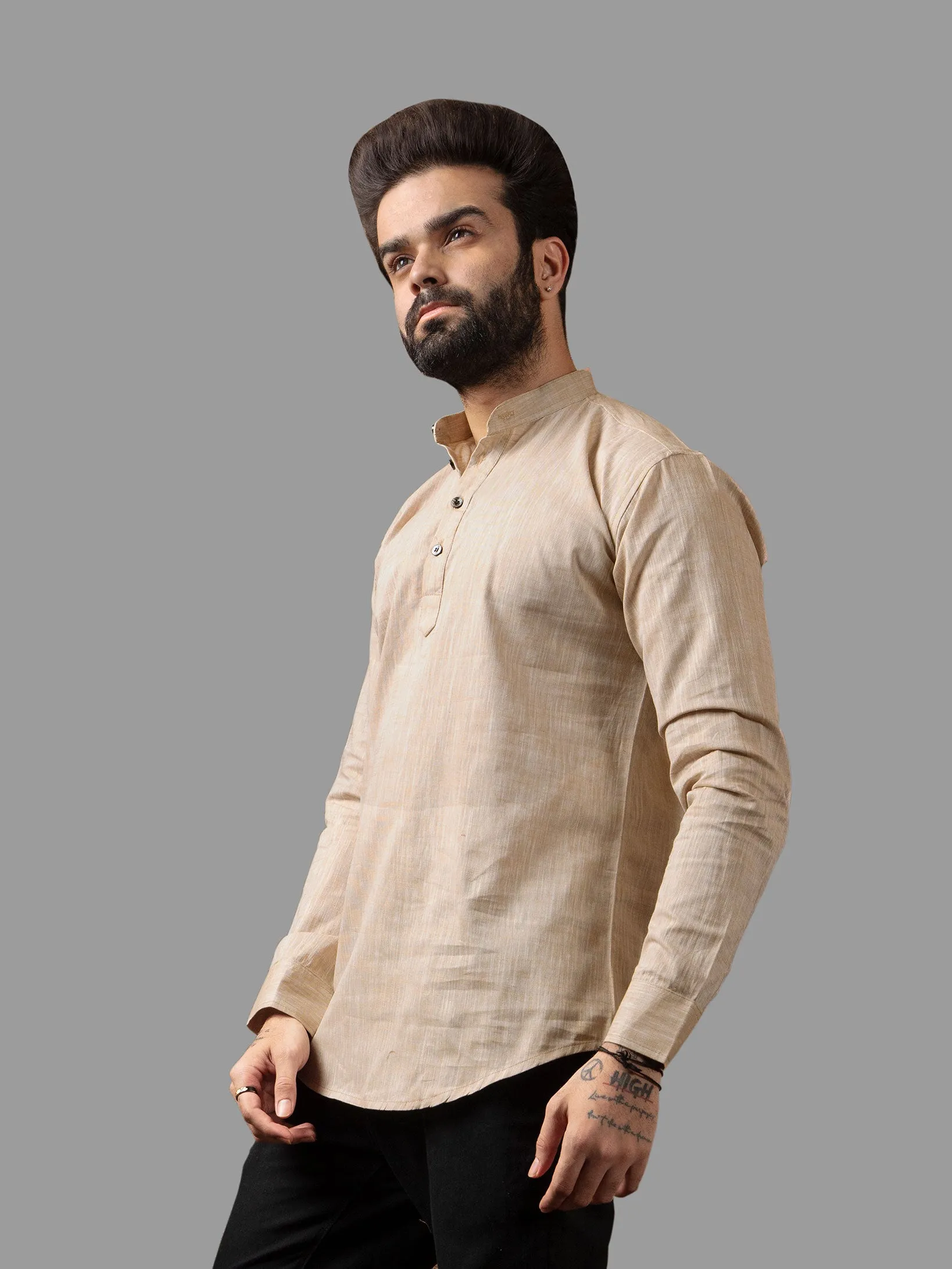 Beige Cotton Linen Mandarin Collar Kurta Shirt