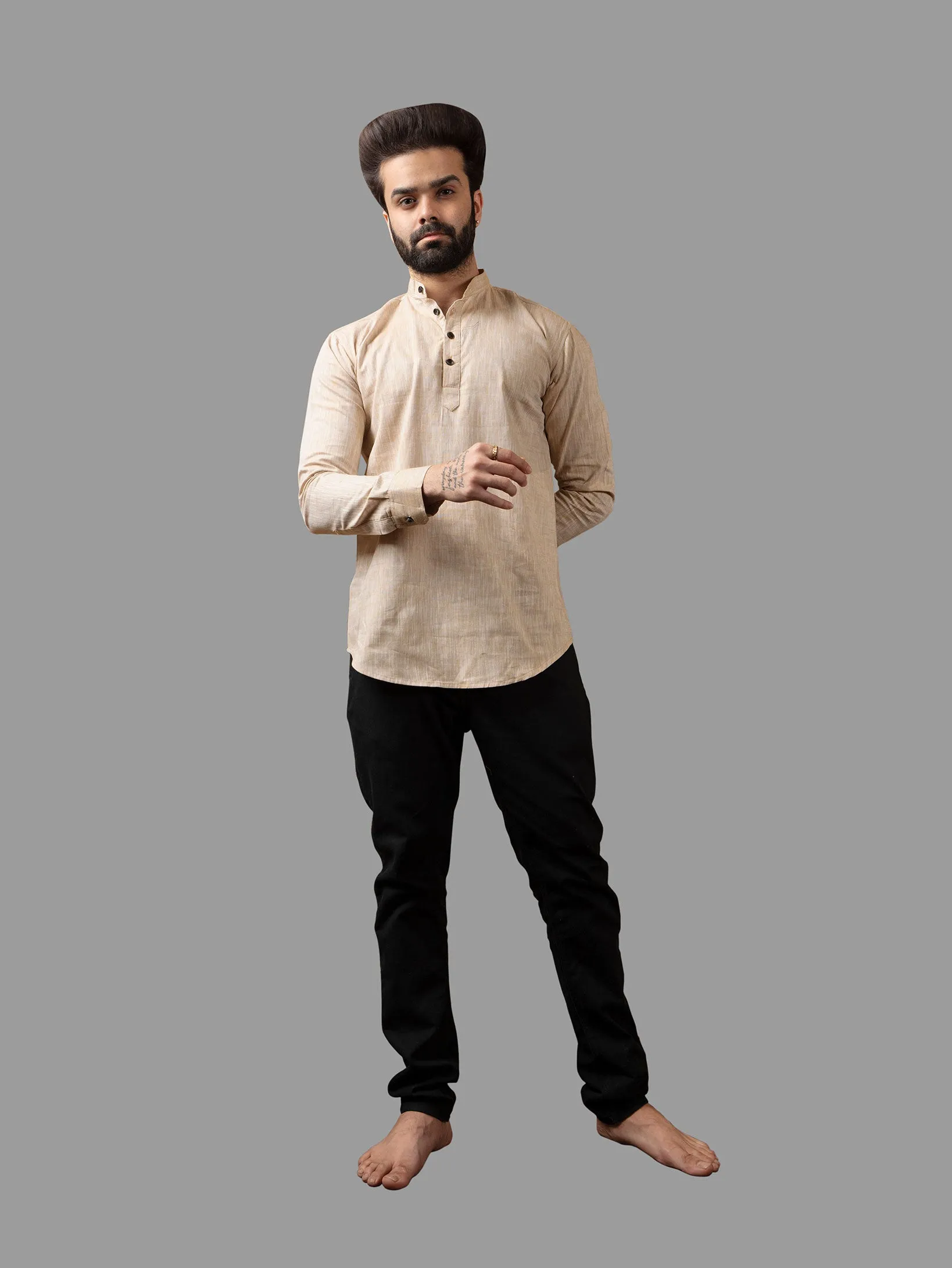 Beige Cotton Linen Mandarin Collar Kurta Shirt