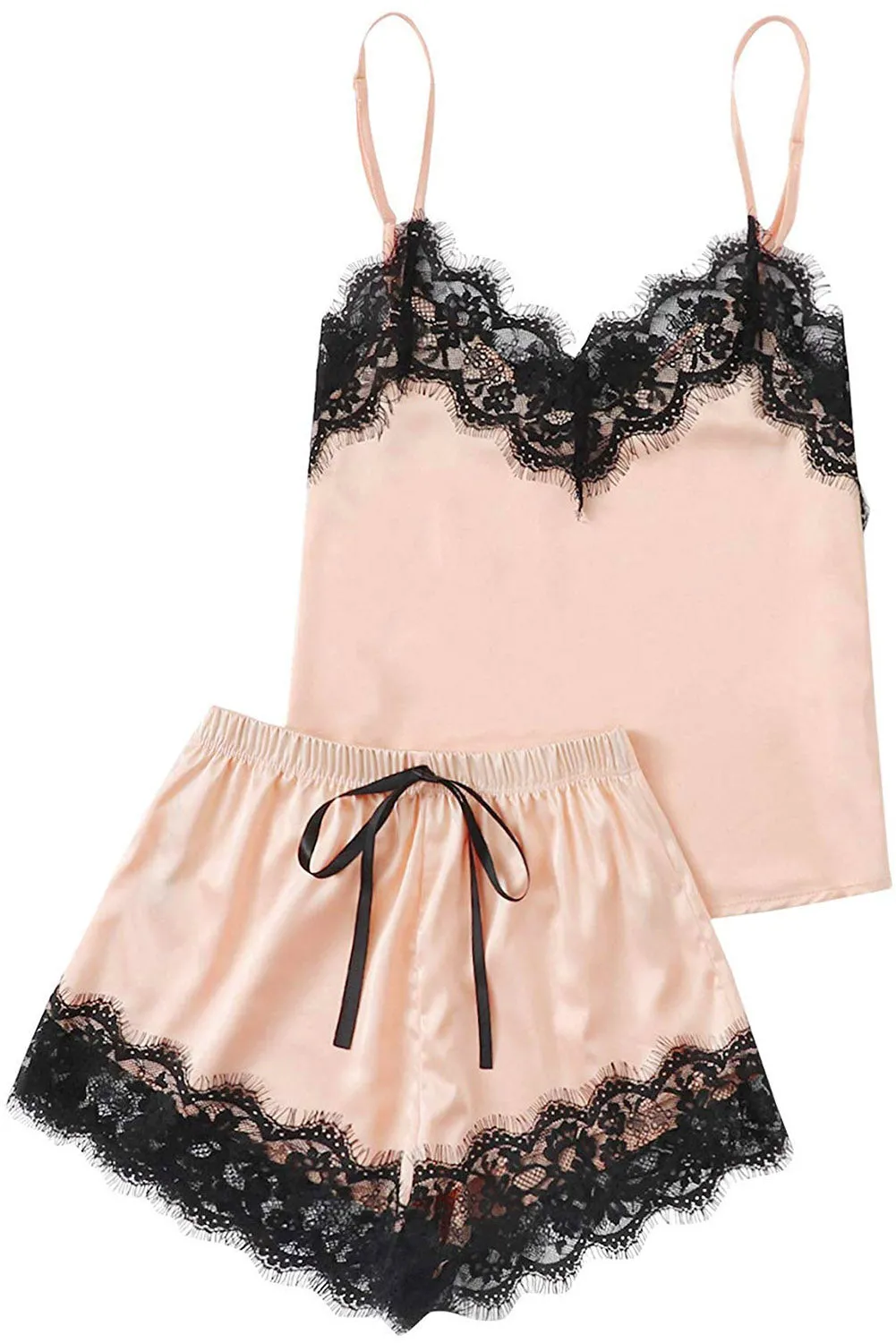 Beige Lace Satin Cami Pajama Sleepwear Set