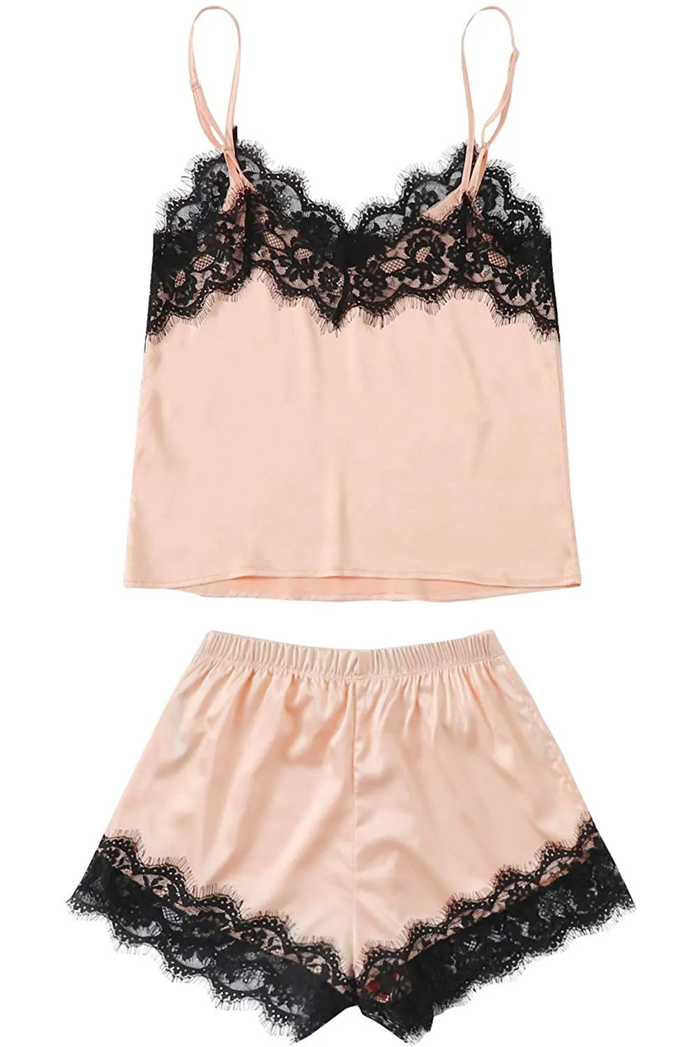 Beige Lace Satin Cami Pajama Sleepwear Set