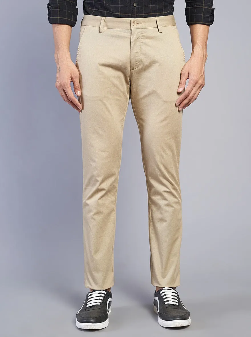 Beige Solid Super Slim Fit Casual Trouser | Greenfibre