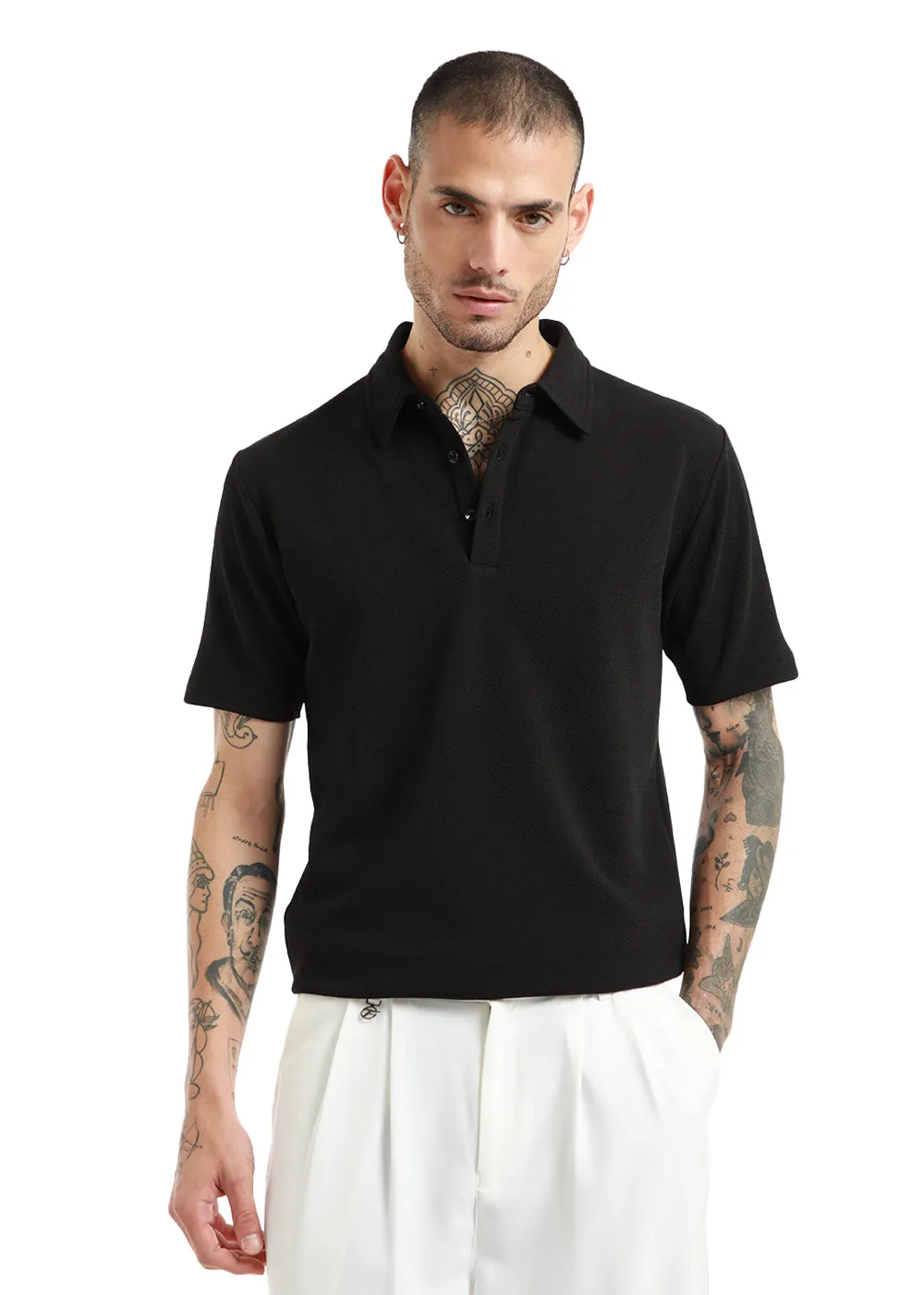 Black classic Textured Polo Tshirt