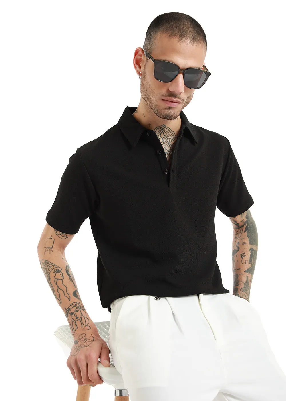 Black classic Textured Polo Tshirt