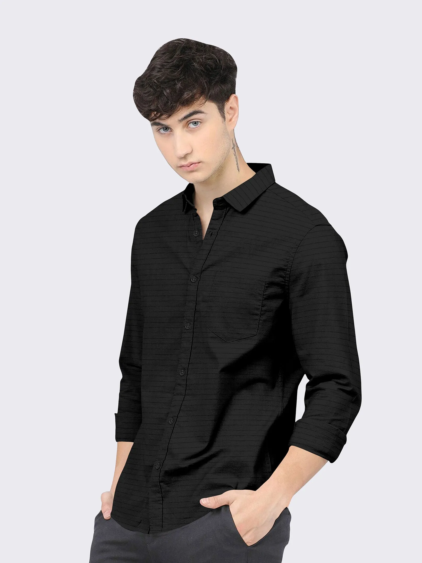 Black Color Weft Dobby Soft Cotton Solid Shirt