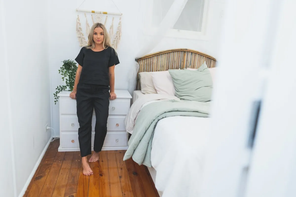 Black Linen Tee & Pant Pyjama Set