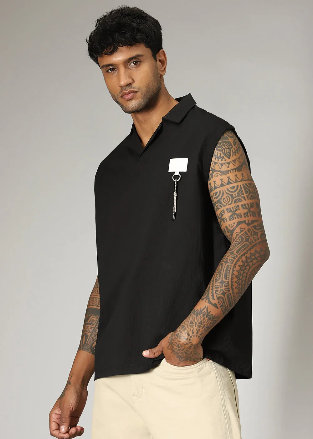 Black Ribbed Polo Tank