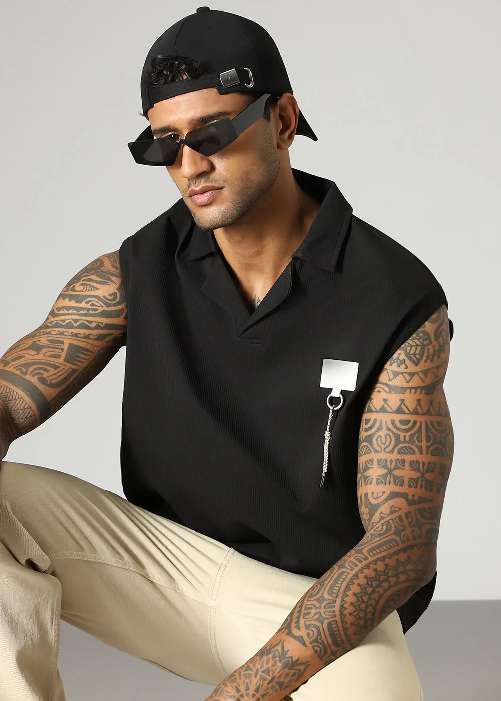 Black Ribbed Polo Tank