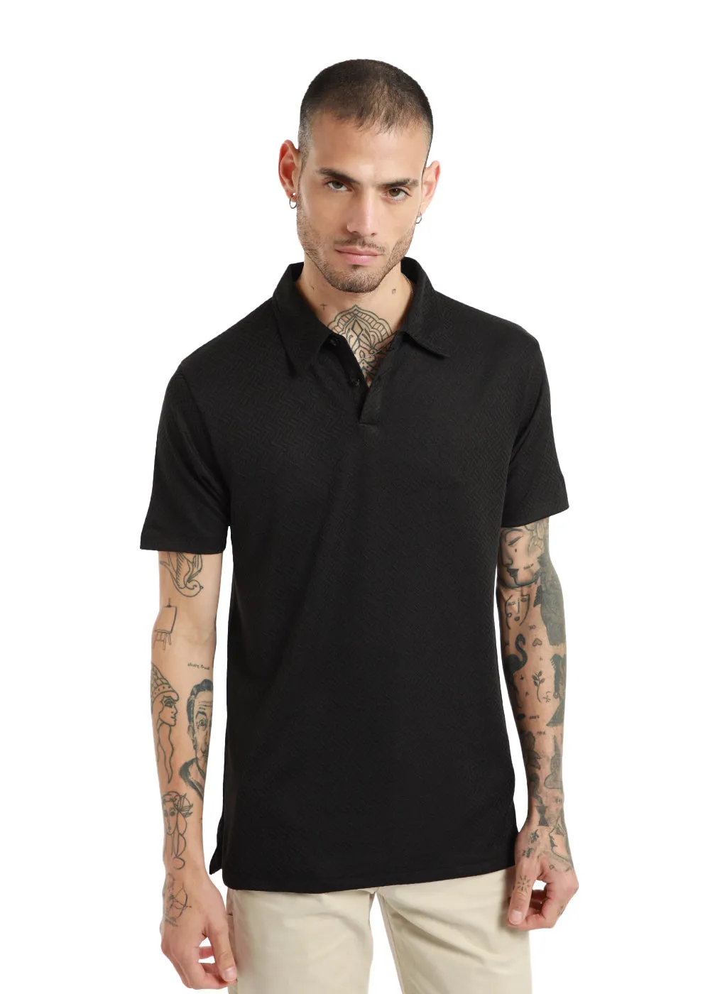 Black Twin Weave Polo T-shirt