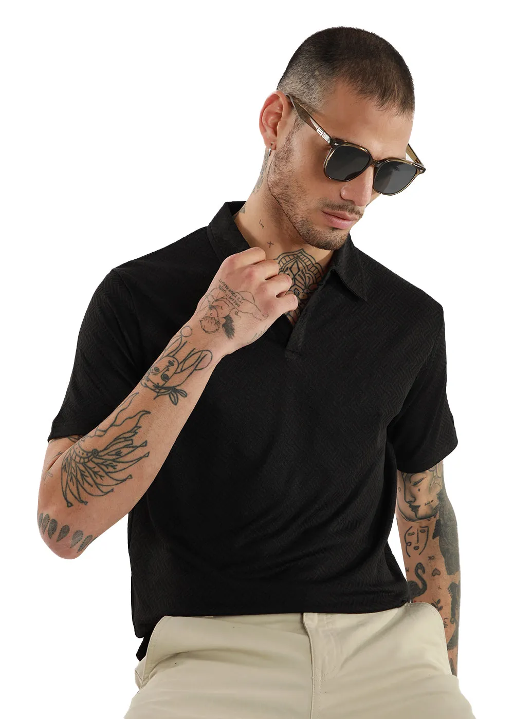 Black Twin Weave Polo T-shirt