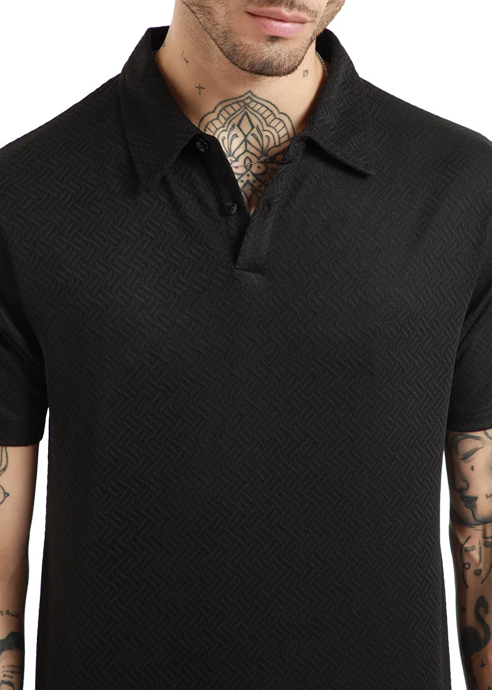 Black Twin Weave Polo T-shirt