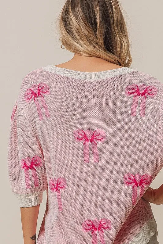 BOW PRINT HALF SLEEVE SWEATER