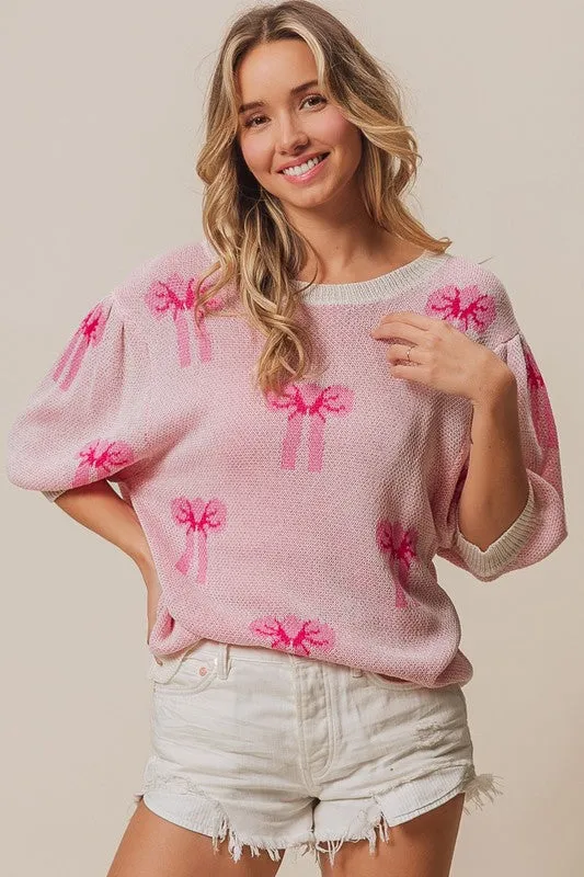 BOW PRINT HALF SLEEVE SWEATER