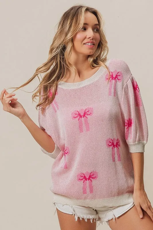 BOW PRINT HALF SLEEVE SWEATER