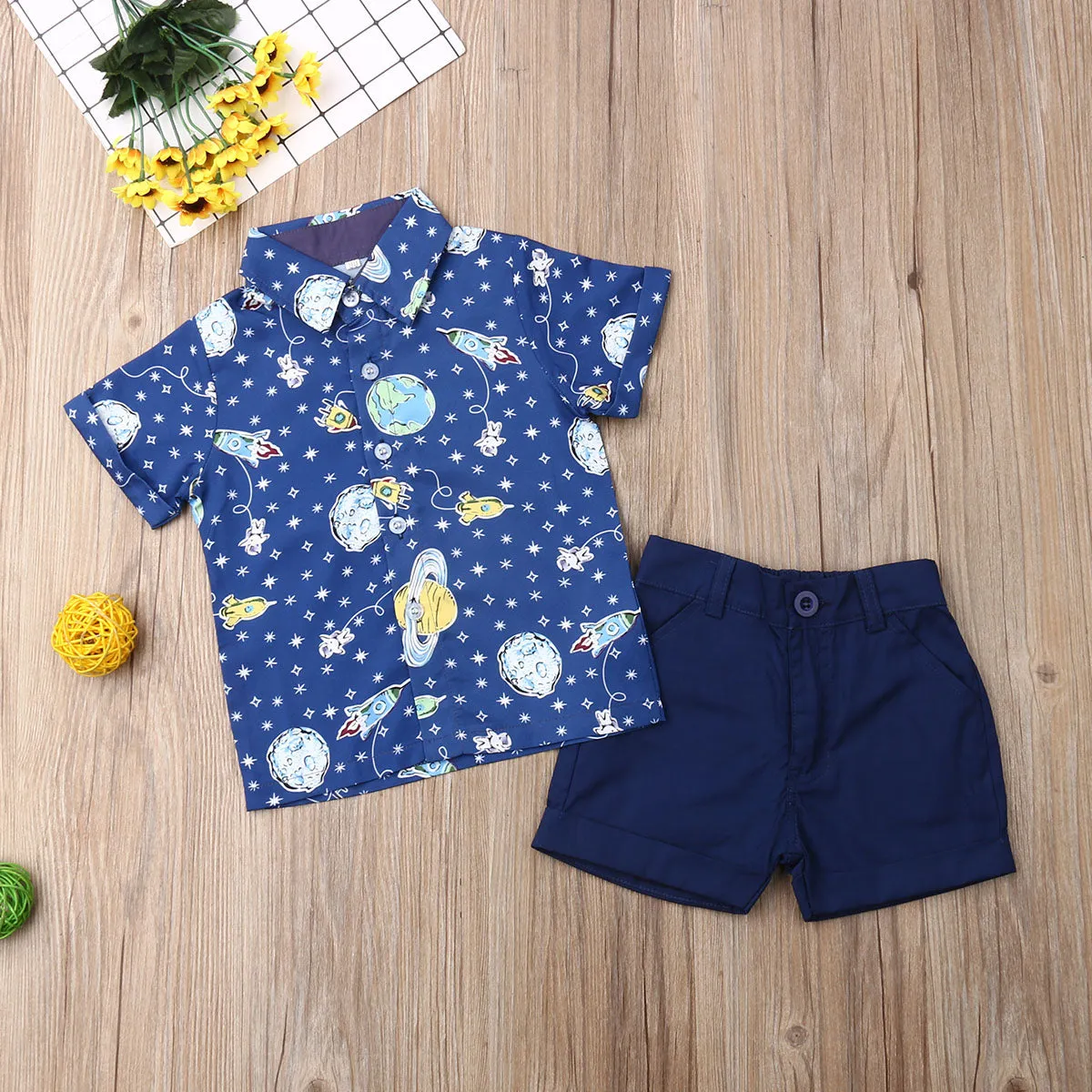 Boys Space Print Button Up Collar Shirt and Shorts Set Rocket Ships Earth