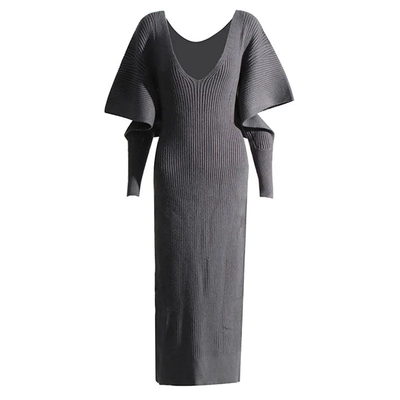 Chic Monochrome V Neck Cutout Balloon Sleeve Rib Knit Bodycon Sweater Midi Dress