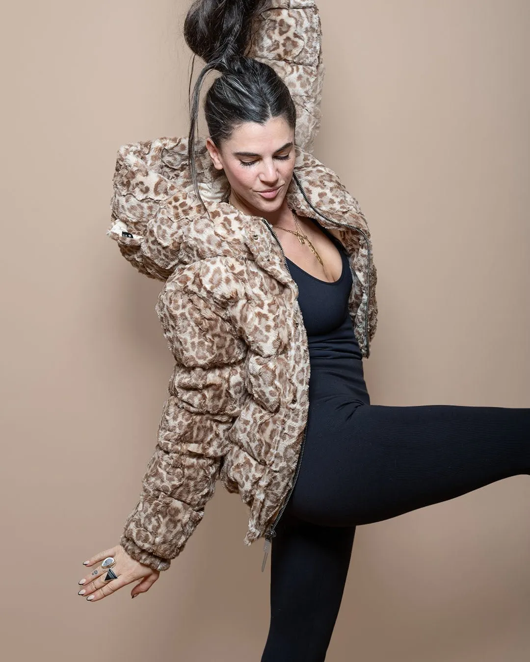 Classic Women's Hooded Puffer Jacket | Tan Leopard