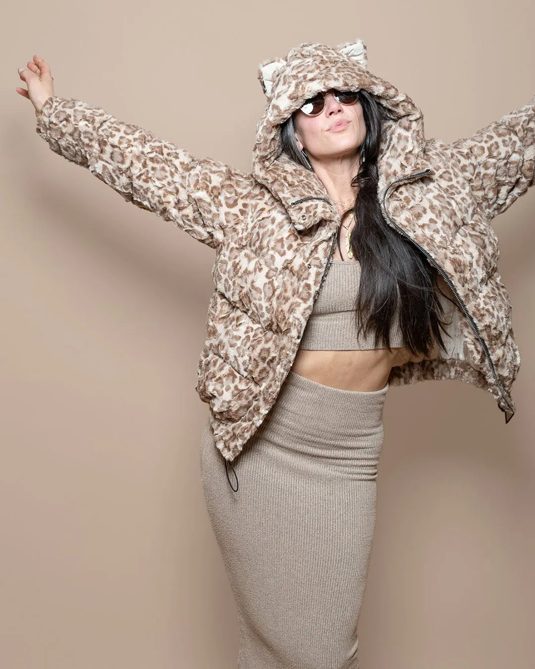 Classic Women's Hooded Puffer Jacket | Tan Leopard