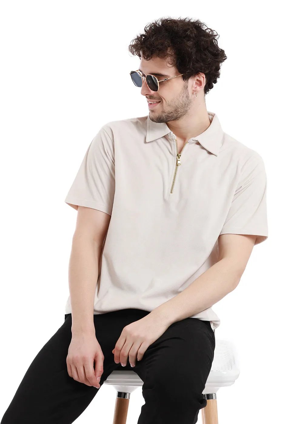 Cream Beige Zip polo T-shirt