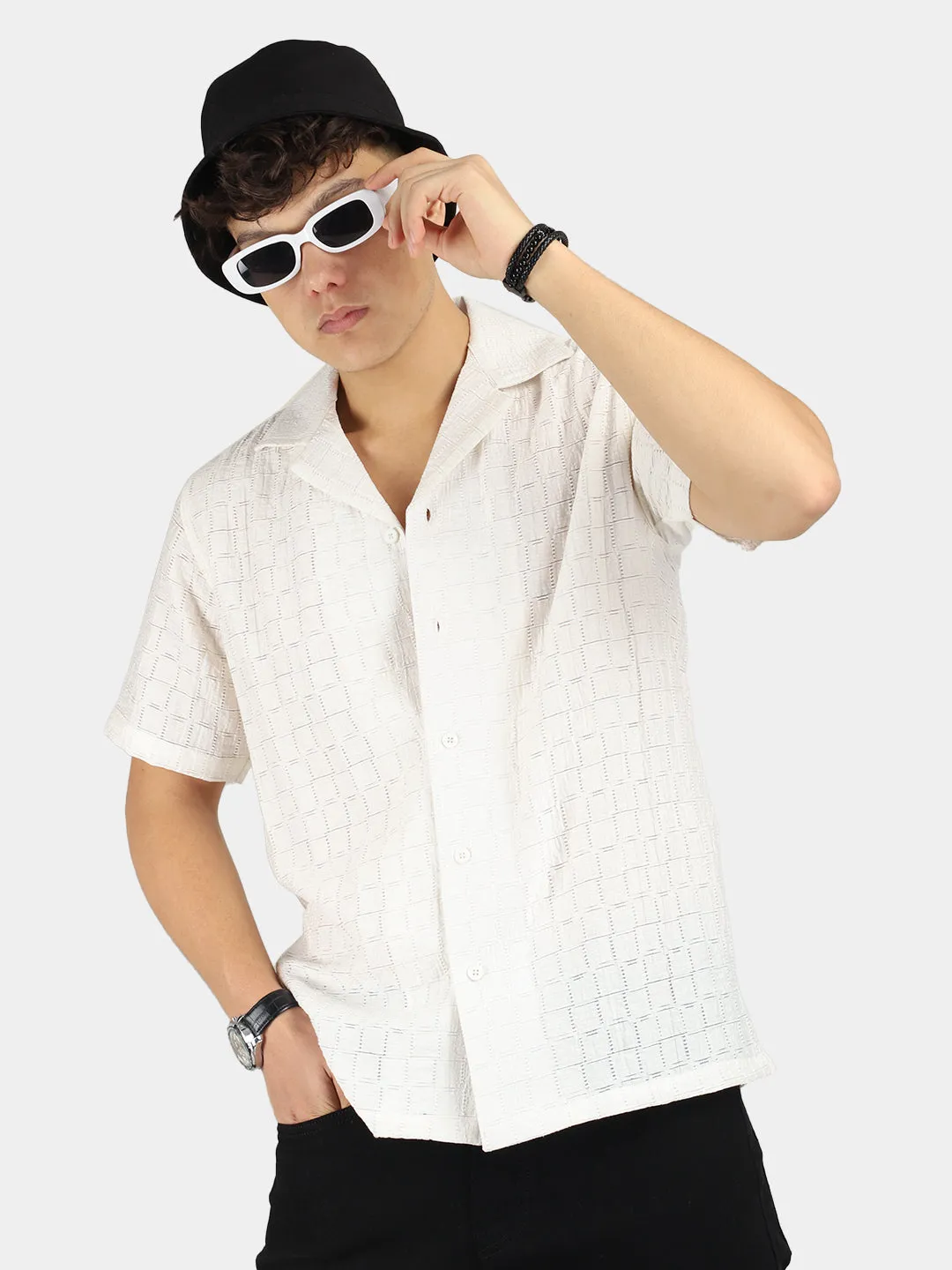 Crotchet White Half Sleeve Shirt