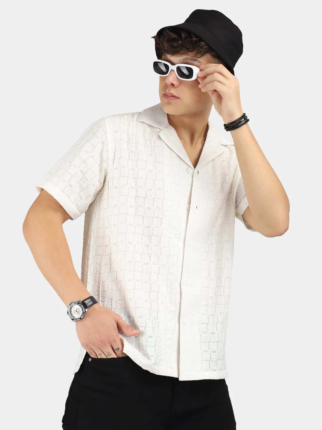 Crotchet White Half Sleeve Shirt