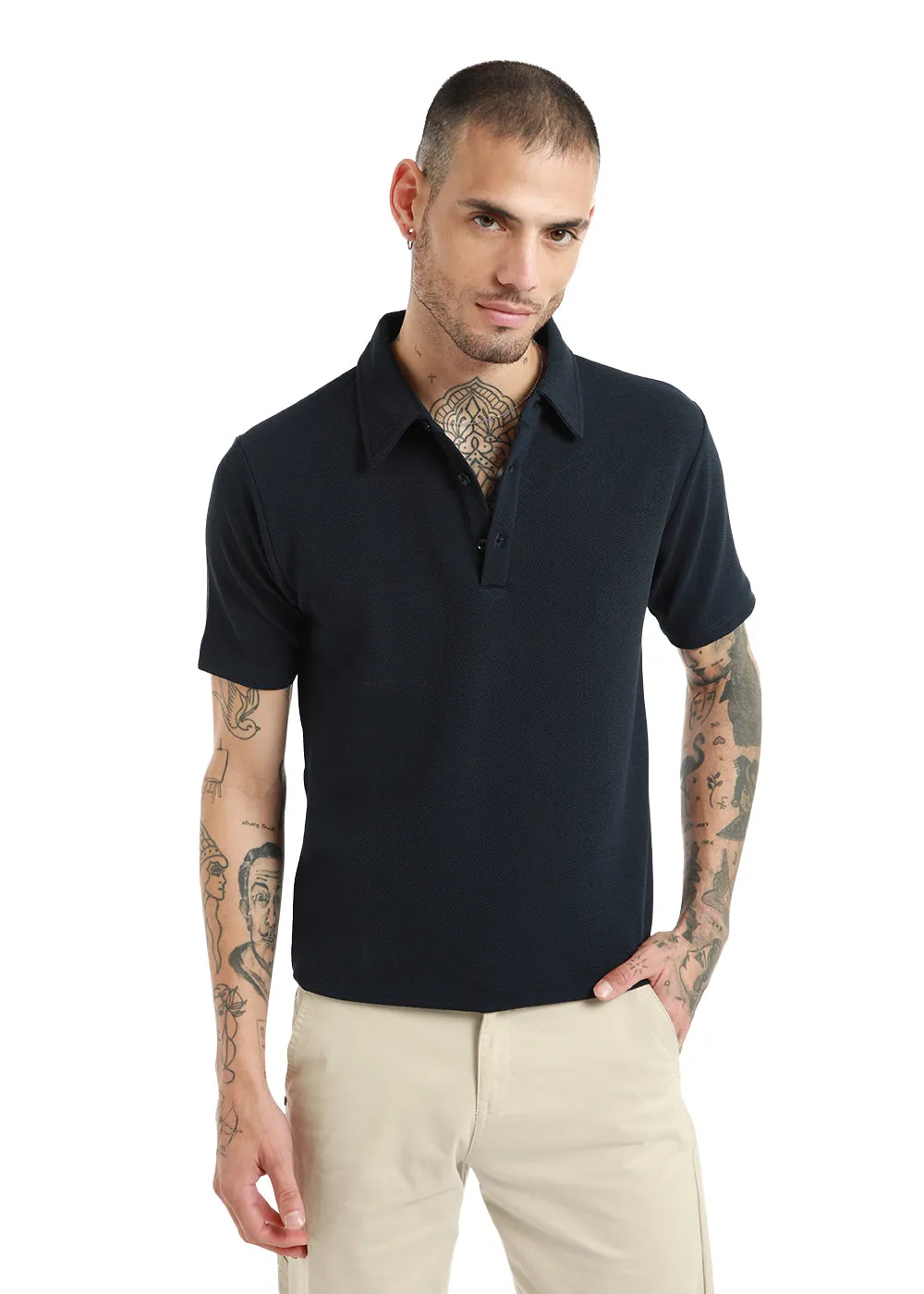 Dark Blue Classic Textured Polo T-shirt