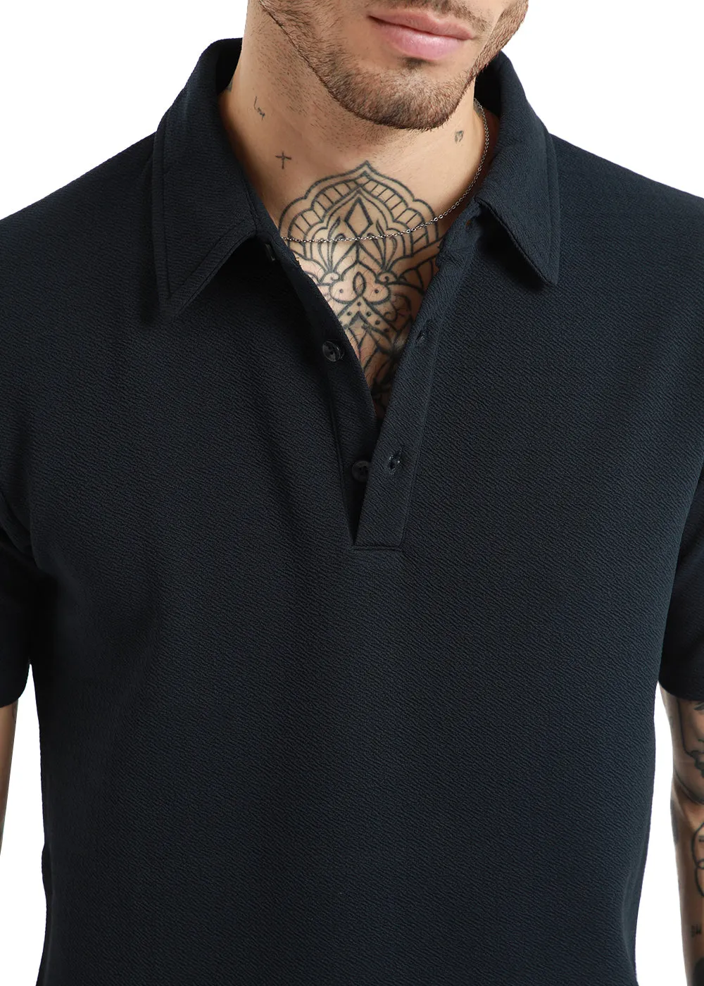 Dark Blue Classic Textured Polo T-shirt