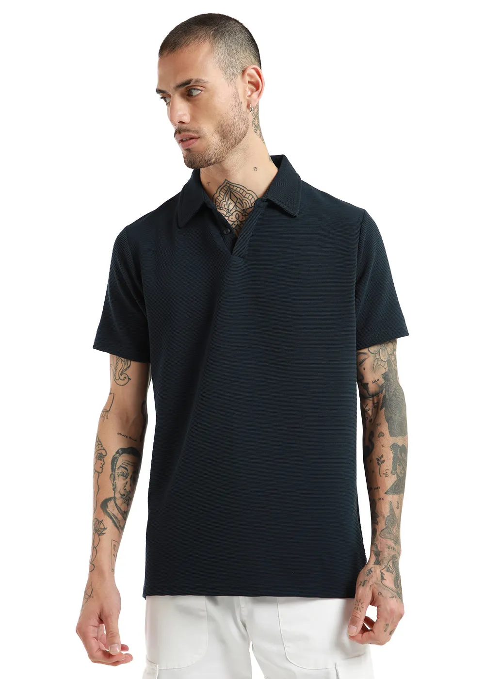 Dark Blue Textured Polo T-shirt