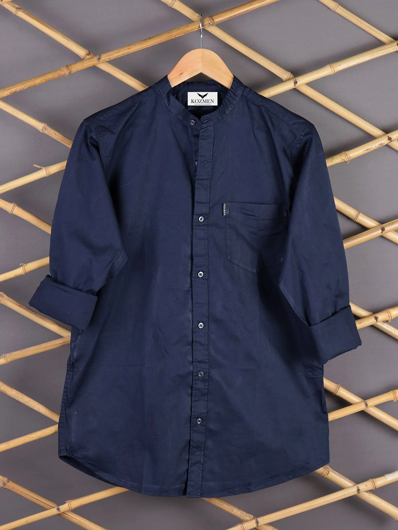 Denim Blue Premium Super Soft Solid Cotton Mandarin Collar Shirt