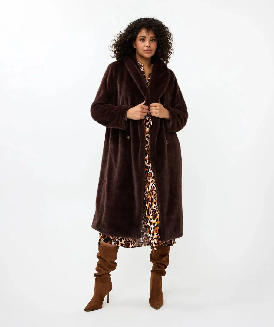 Esqualo Chocolate Shawl Collar Faux Fur Coat