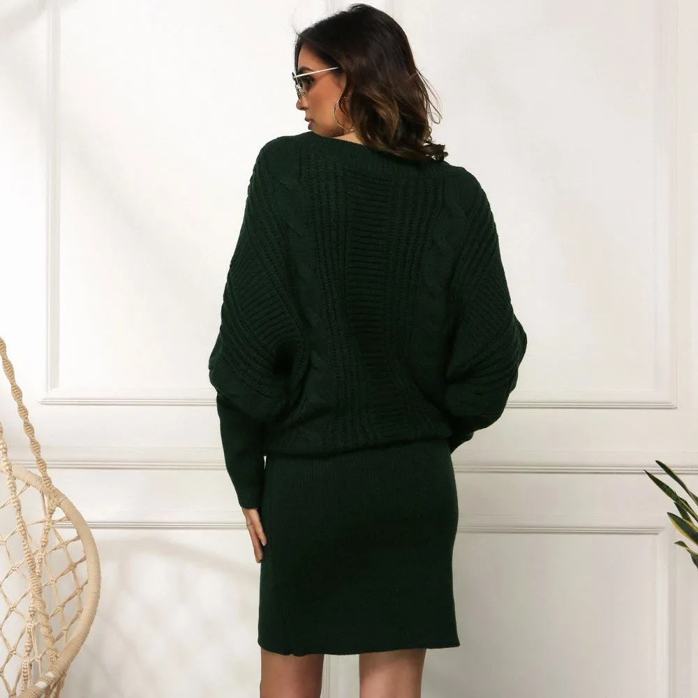 Feminine Crew Neck Drop Shoulder Fisherman Cable Knit Sweater Dress