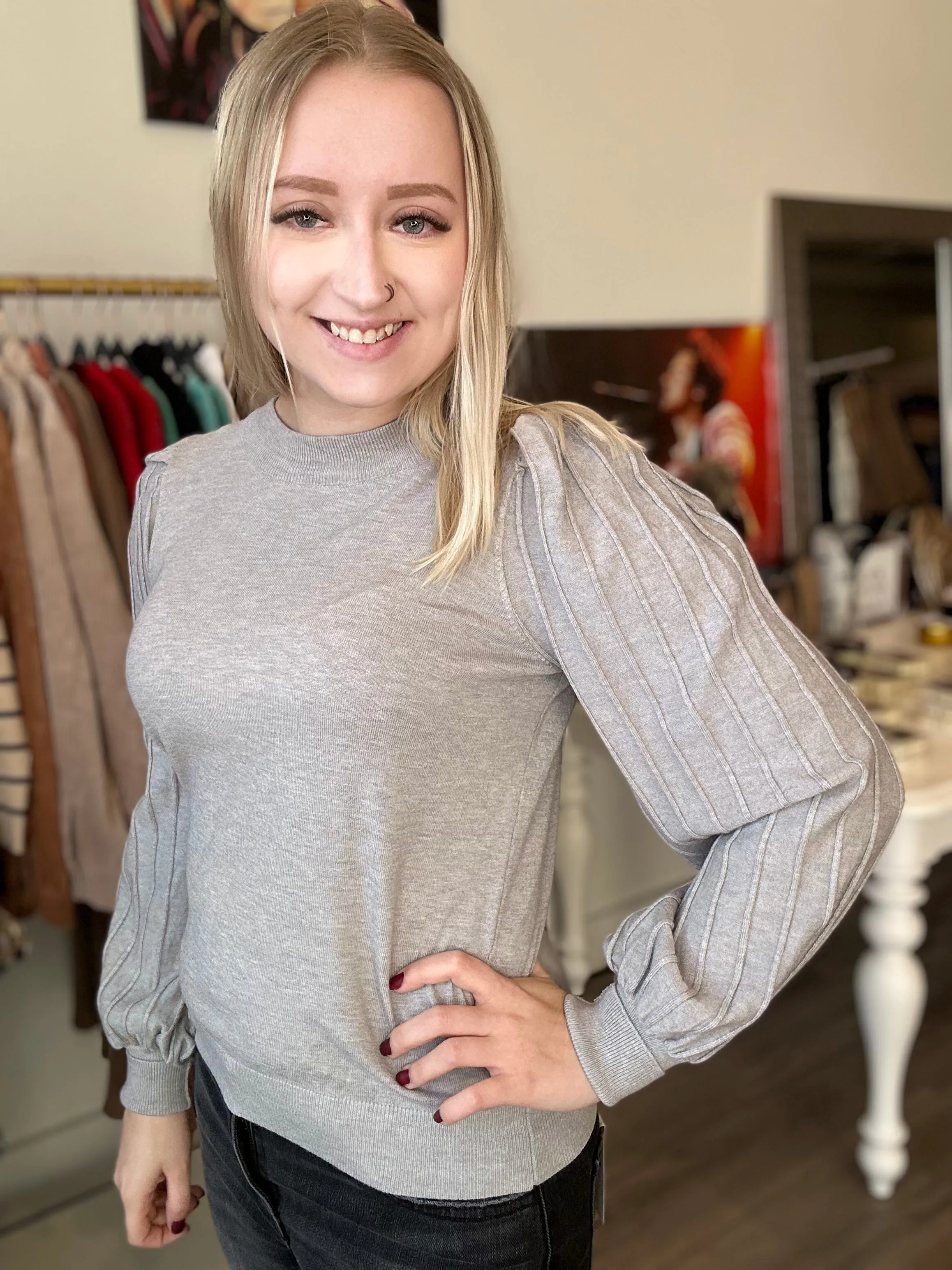 Heather Grey Pleated Puff Sleeve Sweater