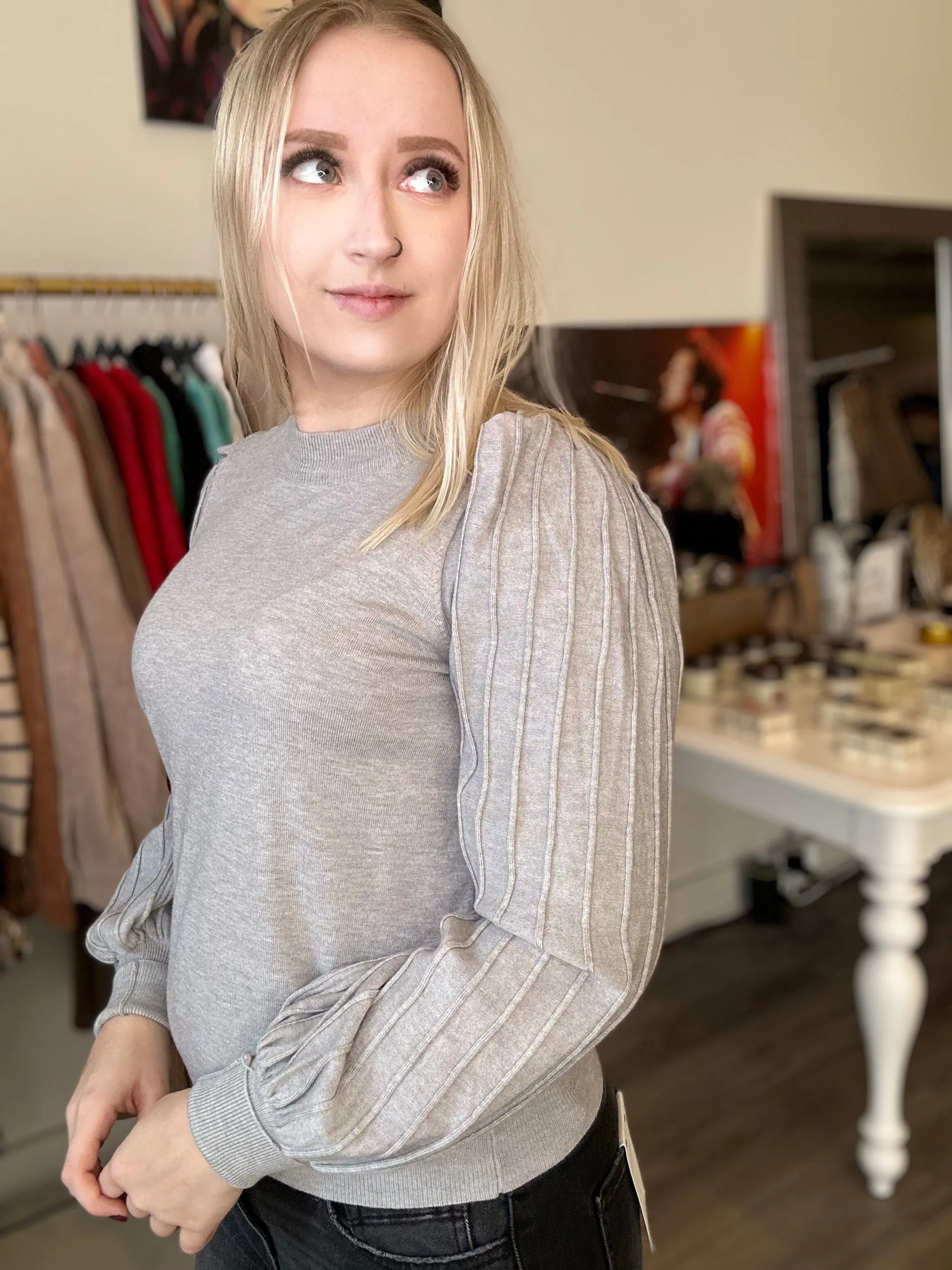 Heather Grey Pleated Puff Sleeve Sweater