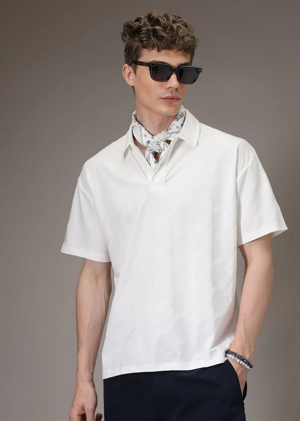 Herringbone Pattern White Polo T-shirt