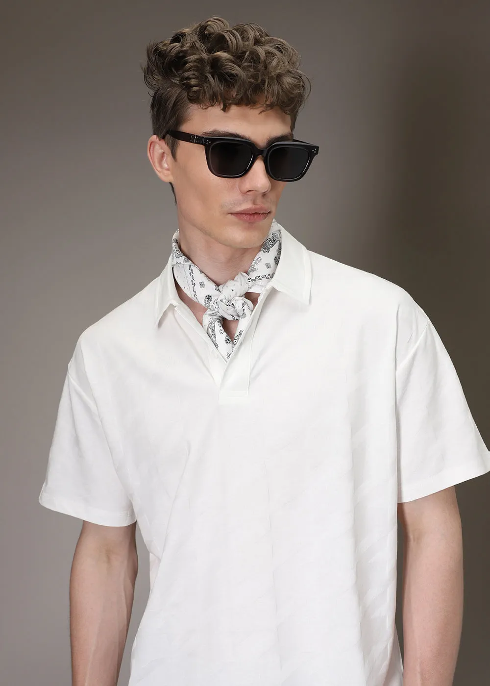 Herringbone Pattern White Polo T-shirt