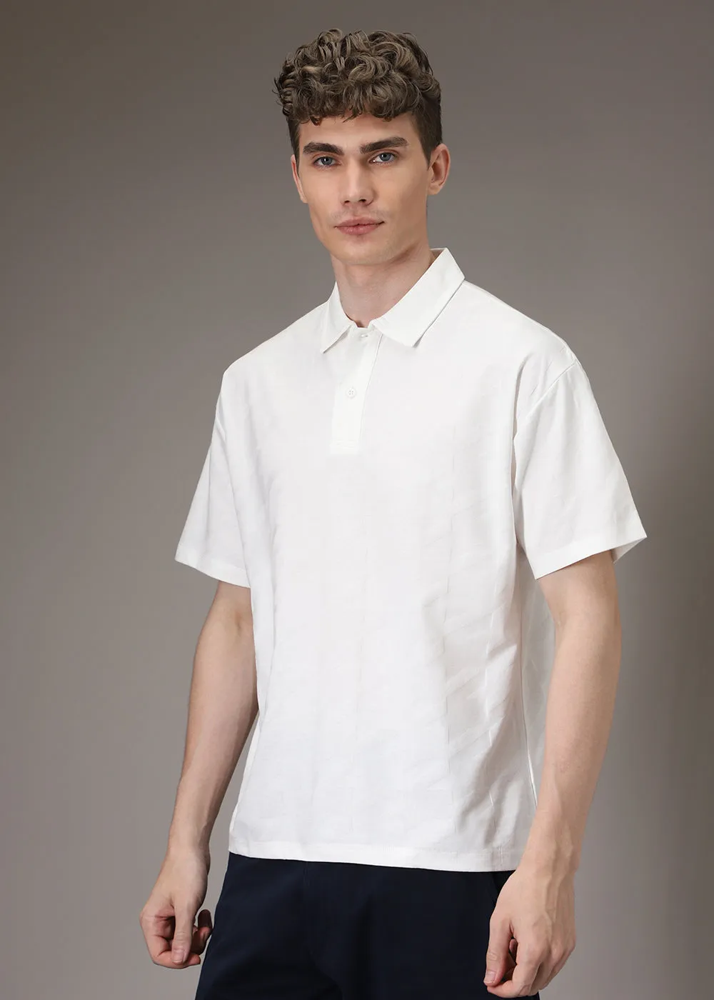 Herringbone Pattern White Polo T-shirt