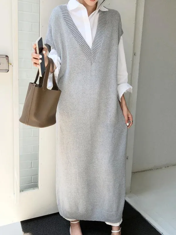 Knitting Loose V-Neck Sleeveless Long Dress