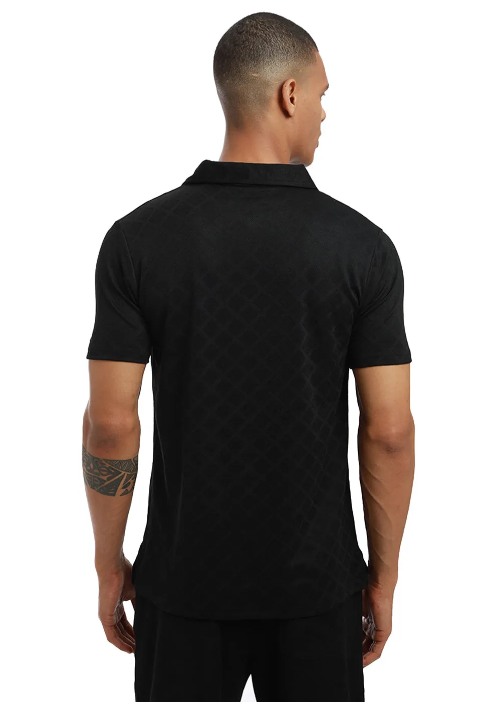 Lattice print black Polo T-shirt