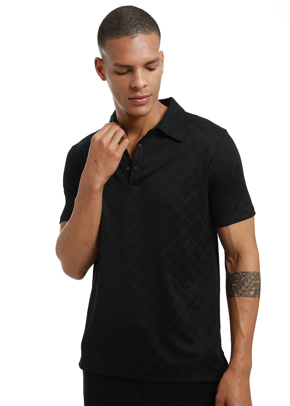 Lattice print black Polo T-shirt