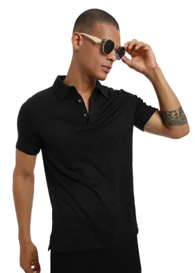 Lattice print black Polo T-shirt