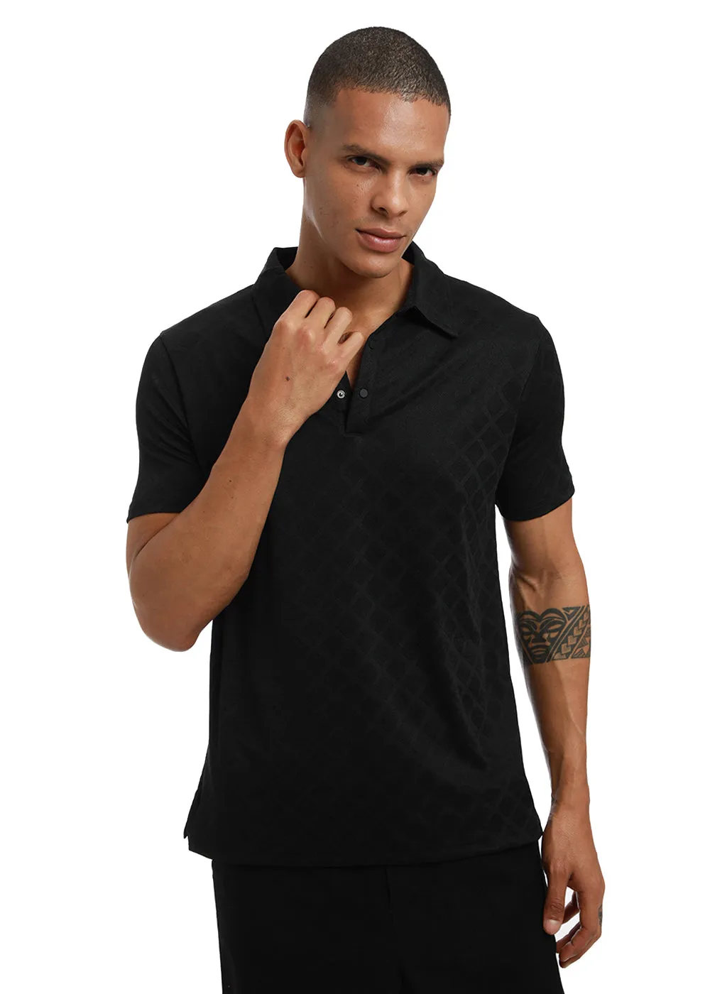 Lattice print black Polo T-shirt