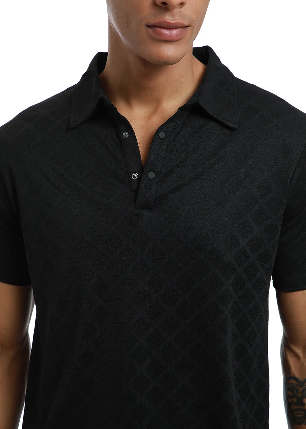 Lattice print black Polo T-shirt