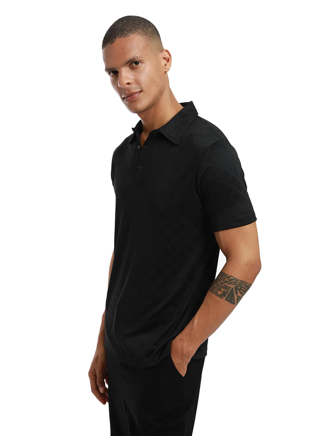 Lattice print black Polo T-shirt