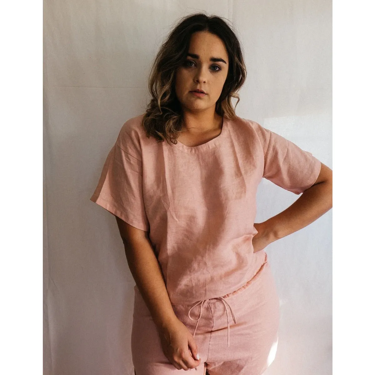 Linen Boxy Tee & Short Set in Pink